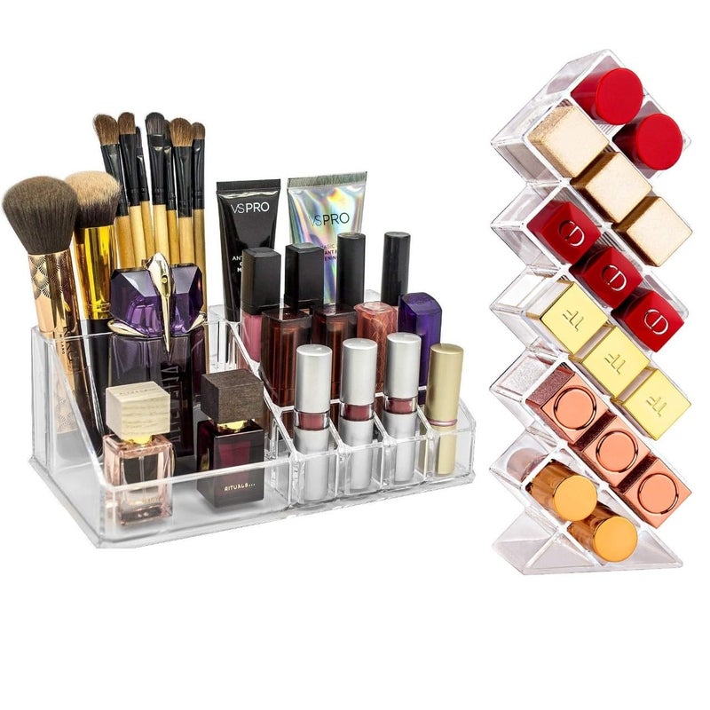 HELIMIX Makeup Organizer Lipstick For Storage Make Up Cosmetic Skincare Organiser For Women Elegant Makeup Vanity With Transparent Display Lipistic Case Lip Gloss Tower combo pack of 2 - Image 1