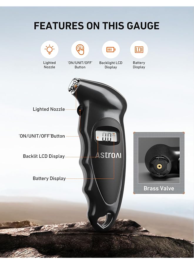 Astroai Digital Tire Pressure Gauge 150 Psi 4 Settings For Car Truck Bicycle With Backlit Lcd And Non-Slip Grip Tire Pressure Checker (Black) - Image 2