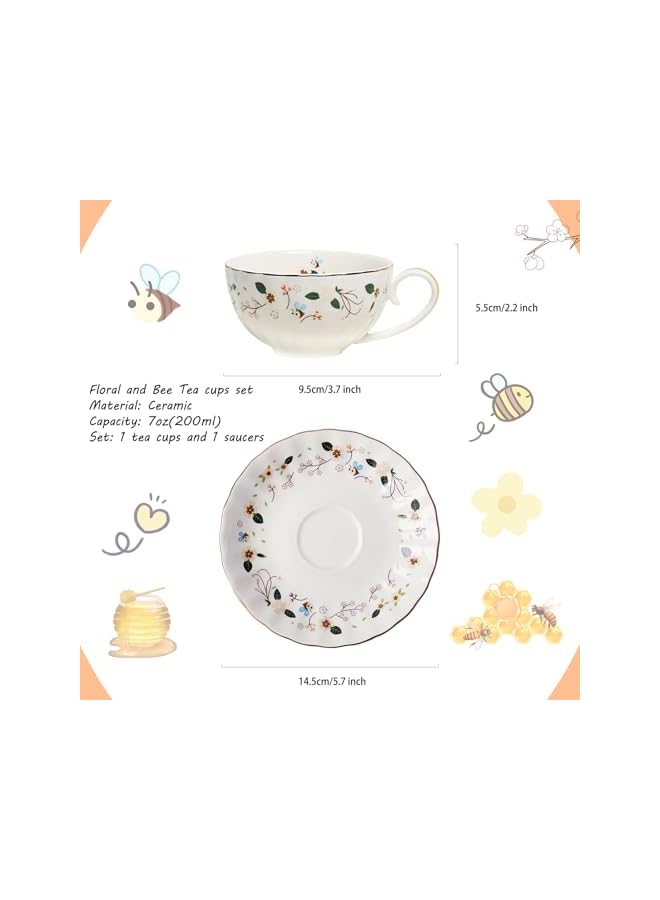 S-TOP Flower Bee Tea cups and Saucers, Coffee Bone China Mug 1 Set with Beautiful box(1 cup and 1plate) - Image 3