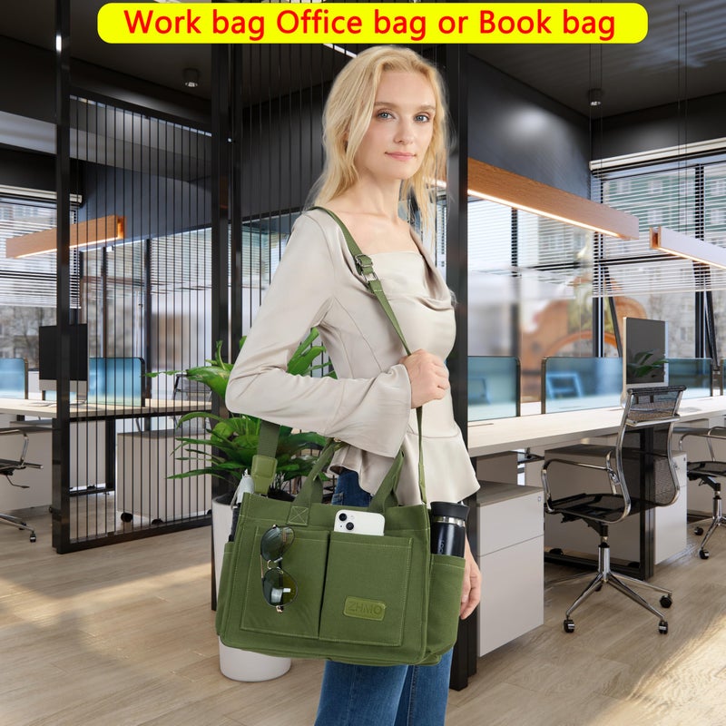ZHMO Canvas Tote Bag for Women With Compartments and Zipper,Women's Bags Crossbody Bags Work Laptop Tote Bag Large Satchels Handbag Tote Purse Everyday Shoulder Bag for Travel Nurse Teacher Church - Image 2
