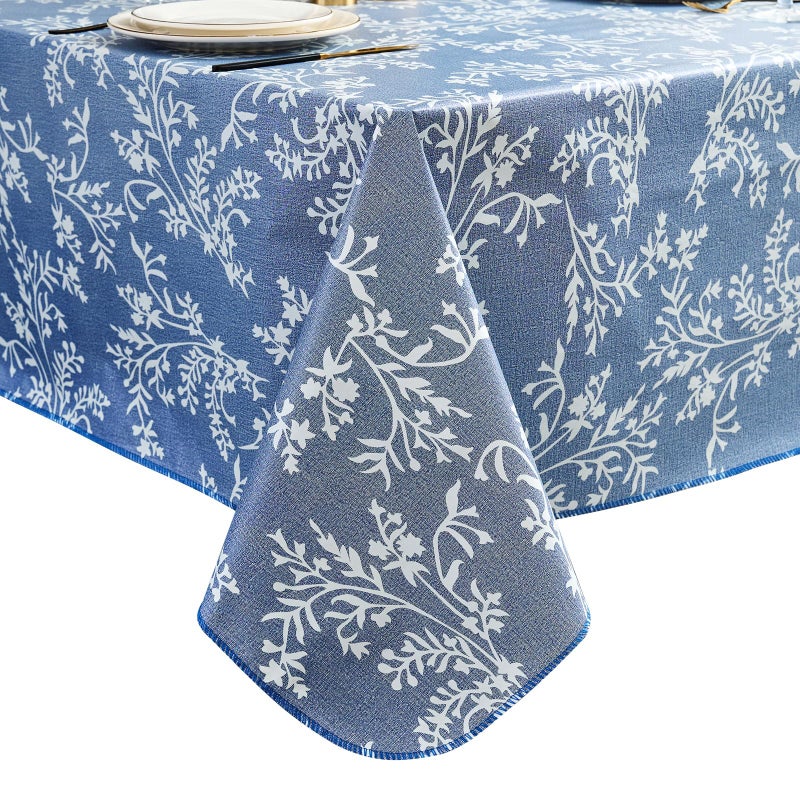 LIBERECOO Vinyl Tablecloth with Flannel Backing â€“Indigo Botanical Charm, Waterproof, Wipeable, Durable Table Cover â€“ 4 Colors - Image 1