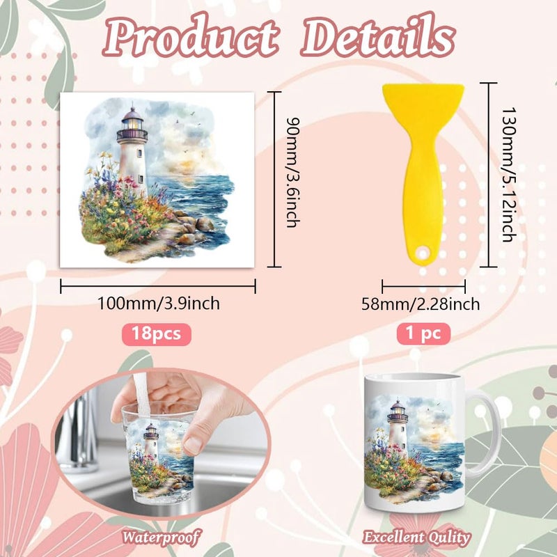 Peacoblue 18 Sheets Rub on Transfers for Crafts, Lighthouse 3.6"x3.9" UV DTF Cup Wraps Waterproof Rub on Cold Transfers Stickers for Wood Glass Metal Cup Tumblers Mirrors Mugs Home Decor - Image 2