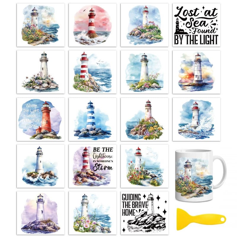 Peacoblue 18 Sheets Rub on Transfers for Crafts, Lighthouse 3.6"x3.9" UV DTF Cup Wraps Waterproof Rub on Cold Transfers Stickers for Wood Glass Metal Cup Tumblers Mirrors Mugs Home Decor - Image 1