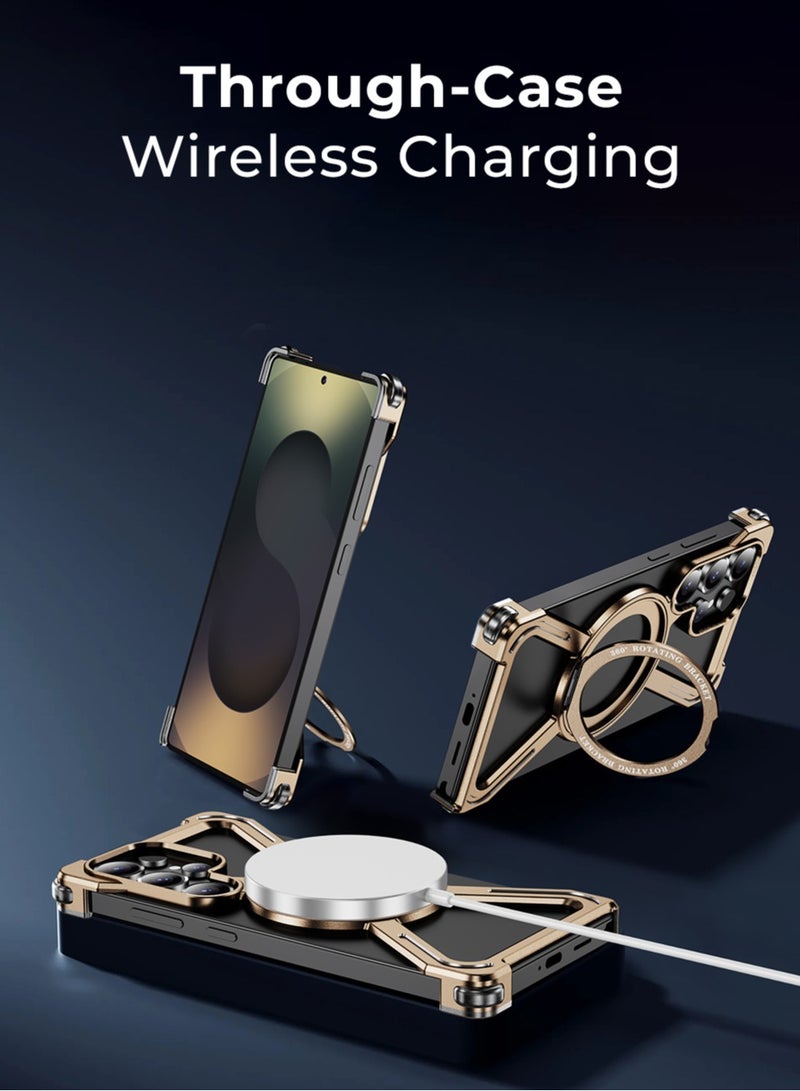 glassology Samsung Galaxy S25 Ultra Borderless Frameless Aluminum Case  Titanium Pinkgold Featuring 360° Rotating Adjustable Ring Stand Magnetic Case Shockproof Design and Wireless Charging Compatibility - Image 4