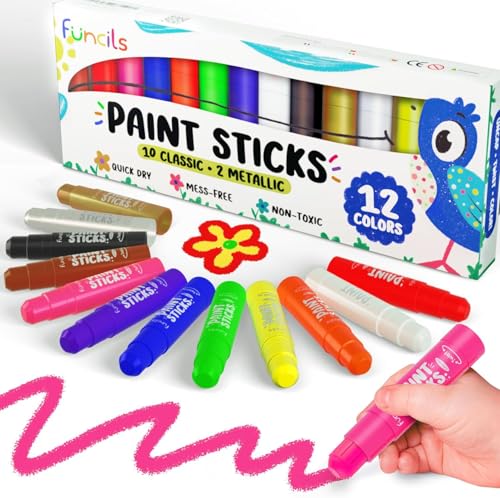 Funcils 12 Tempera Paint Sticks for Kids & Toddlers - Quick Dry, Non-Toxic Washable Paint for Kids | Art & Craft Supplies Set, Solid Painting Markers with Metallic Gold & Silver Color Ages 1 2 3 4 5 6 - Image 1