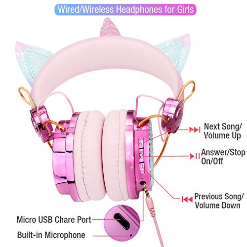 TCJJ Sparkly Unicorn Headphones for Girls, 85dB Safe Volume Limit, Wireless & 3.5mm Wired Headset with Mic, Adjustable Headband, Fast Charging, Foldable,for School, Tablet, Travel, Airplane - Image 4