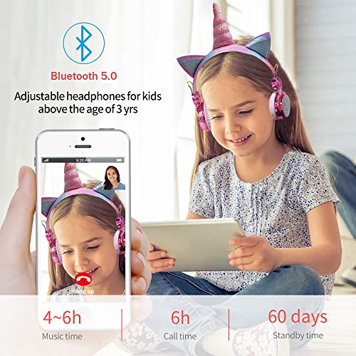 TCJJ Sparkly Unicorn Headphones for Girls, 85dB Safe Volume Limit, Wireless & 3.5mm Wired Headset with Mic, Adjustable Headband, Fast Charging, Foldable,for School, Tablet, Travel, Airplane - Image 3