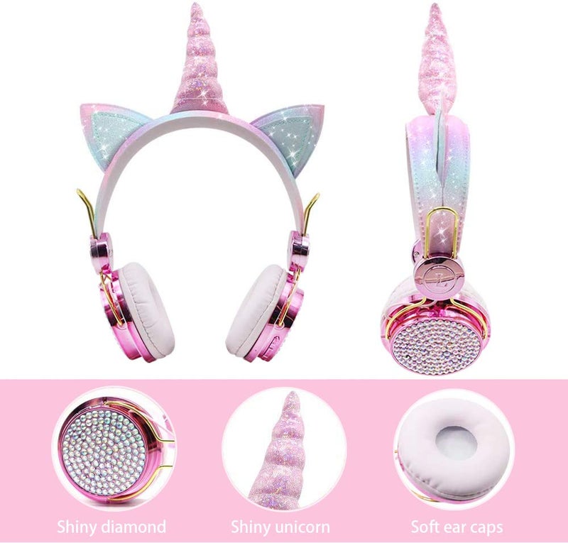 TCJJ Sparkly Unicorn Headphones for Girls, 85dB Safe Volume Limit, Wireless & 3.5mm Wired Headset with Mic, Adjustable Headband, Fast Charging, Foldable,for School, Tablet, Travel, Airplane - Image 5