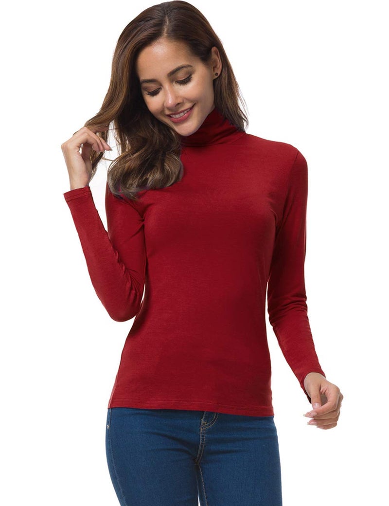 VOBCTY Womens Long Sleeve Red Turtleneck Lightweight Pullover Slim Shirt Top Red Large - Image 3