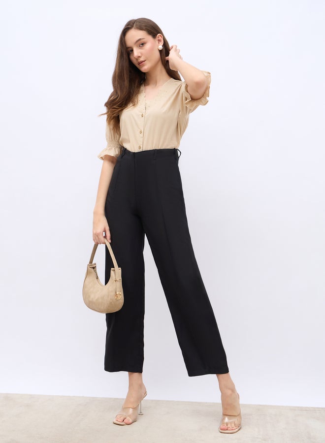 Styli Solid Tapered Fit Pants with Pintuck Detail - Image 1