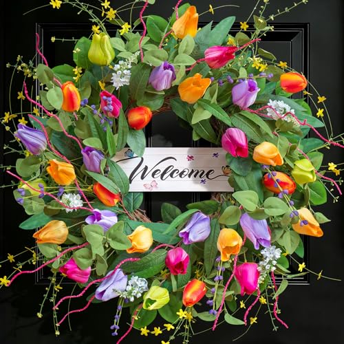 Soomeir Summer Spring Wreaths for Front Door 26 Inch, Tulip Spring Summer Wreath with Welcome Sign, Artificial Floral Spring Door Wreath for Outdoor Front Door, Farmhouse Seasonal Summer Wreath - Image 1