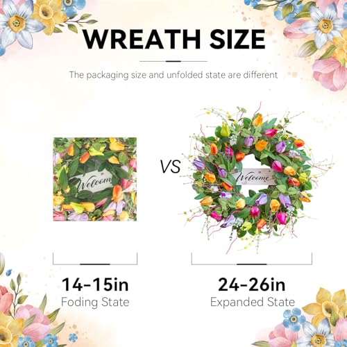 Soomeir Summer Spring Wreaths for Front Door 26 Inch, Tulip Spring Summer Wreath with Welcome Sign, Artificial Floral Spring Door Wreath for Outdoor Front Door, Farmhouse Seasonal Summer Wreath - Image 4