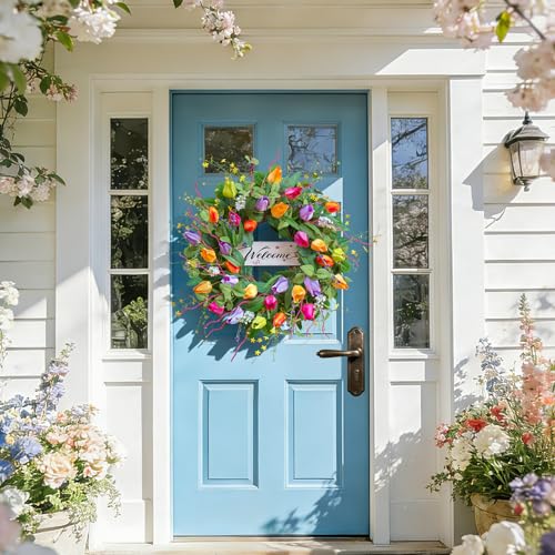 Soomeir Summer Spring Wreaths for Front Door 26 Inch, Tulip Spring Summer Wreath with Welcome Sign, Artificial Floral Spring Door Wreath for Outdoor Front Door, Farmhouse Seasonal Summer Wreath - Image 5