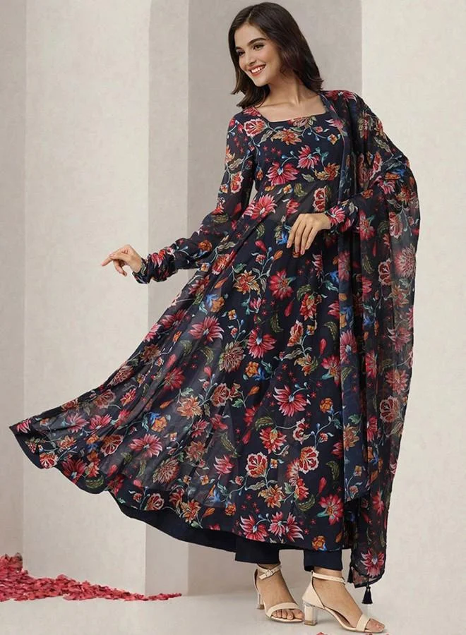 ISHIN Women'S Navy 100% Polyester Embroidered Tunic Full Length Palazzo Straight Fit Kurta Set