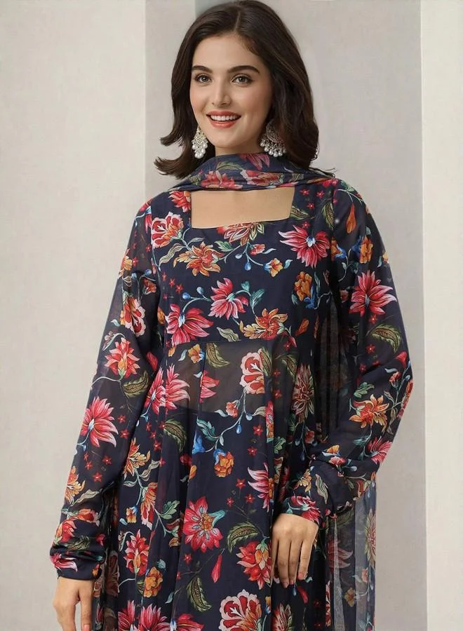 ISHIN Women'S Navy 100% Polyester Embroidered Tunic Full Length Palazzo Straight Fit Kurta Set