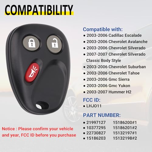 Vurkcy Keyless Entry Remote Key Fob Compatible with Chevy Tahoe Suburban Silverado Avalanche, GMC Sierra Yukon, Cadillac Escalade, Hummer H2 2003 2004 2005 2006, Replacement for LHJ011 (Pack of 2) - Image 2