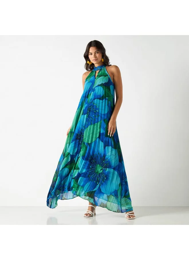 Iconic Iconic All-Over Floral Print Sleeveless Dress with Tie-Ups