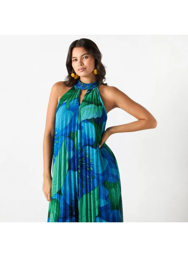 Iconic Iconic All-Over Floral Print Sleeveless Dress with Tie-Ups