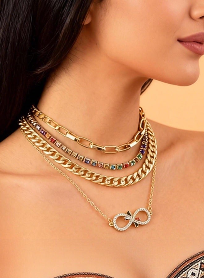 DAEVO Gold Plated 4-Layer Multi-Chain Necklace Set with Rainbow Crystal Infinity Pendant - Image 1