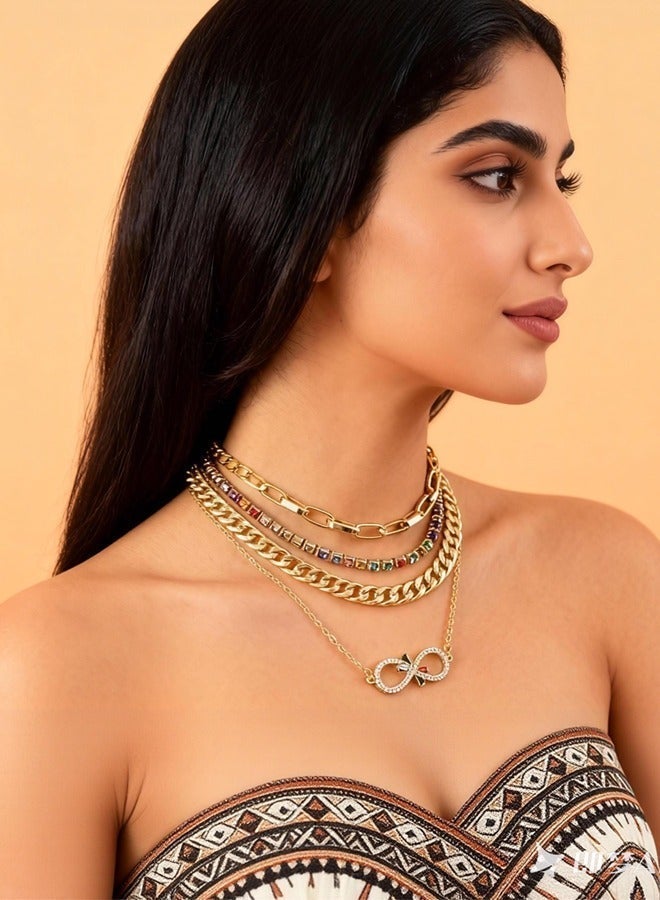 DAEVO Gold Plated 4-Layer Multi-Chain Necklace Set with Rainbow Crystal Infinity Pendant - Image 2