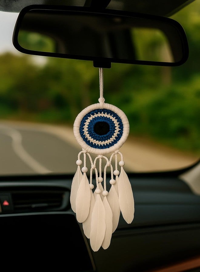 ThincAmaxe Handmade 3 Inch White and Blue Dream Catcher- Boho Wall Hanging Decor with Feathers & Pearls - Spiritual Protection Ornament for Bedroom, Nursery, or Living Room - Image 4