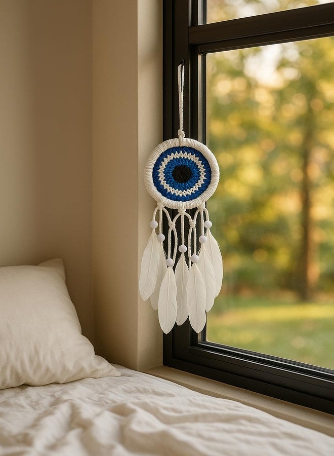 ThincAmaxe Handmade 3 Inch White and Blue Dream Catcher- Boho Wall Hanging Decor with Feathers & Pearls - Spiritual Protection Ornament for Bedroom, Nursery, or Living Room - Image 2