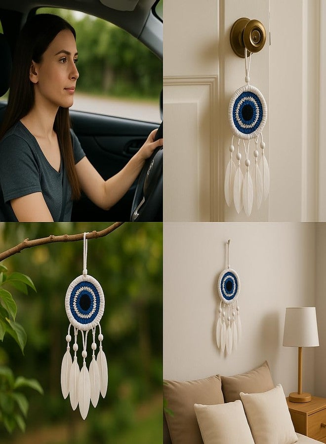 ThincAmaxe Handmade 3 Inch White and Blue Dream Catcher- Boho Wall Hanging Decor with Feathers & Pearls - Spiritual Protection Ornament for Bedroom, Nursery, or Living Room - Image 5