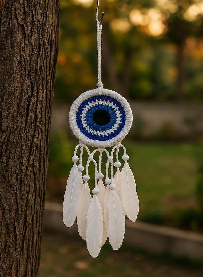 ThincAmaxe Handmade 3 Inch White and Blue Dream Catcher- Boho Wall Hanging Decor with Feathers & Pearls - Spiritual Protection Ornament for Bedroom, Nursery, or Living Room - Image 1
