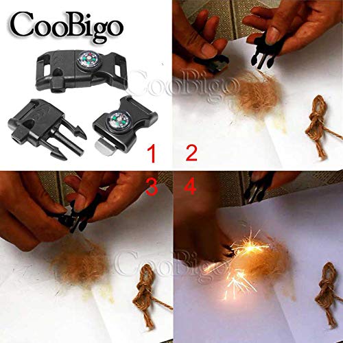 CooBigo 10pcs Pack Black 5/8" Compass Flint Scraper Fire Starter Whistle Buckle Plastic Paracord Bracelet Outdoor Camping Emergency Survival Travel Kits #FLC158-FWC(Black) - Image 3