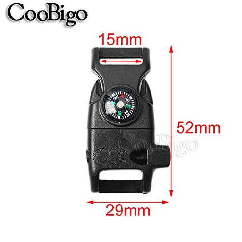 CooBigo 10pcs Pack Black 5/8" Compass Flint Scraper Fire Starter Whistle Buckle Plastic Paracord Bracelet Outdoor Camping Emergency Survival Travel Kits #FLC158-FWC(Black) - Image 4
