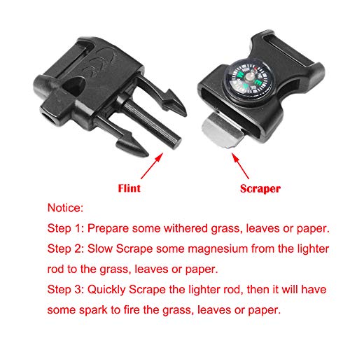 CooBigo 10pcs Pack Black 5/8" Compass Flint Scraper Fire Starter Whistle Buckle Plastic Paracord Bracelet Outdoor Camping Emergency Survival Travel Kits #FLC158-FWC(Black) - Image 5