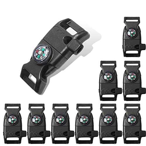 CooBigo 10pcs Pack Black 5/8" Compass Flint Scraper Fire Starter Whistle Buckle Plastic Paracord Bracelet Outdoor Camping Emergency Survival Travel Kits #FLC158-FWC(Black) - Image 1