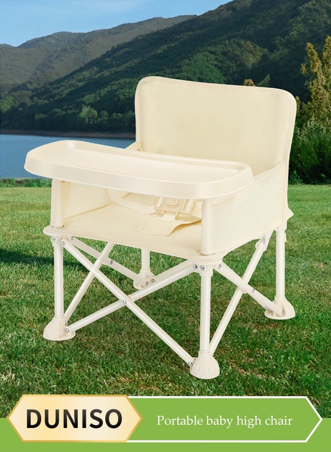DUNISO Baby Travel Booster Seat, compact toddler feeding chair, portable children's dining chair，with detachable tray and seat belt, suitable for indoor and outdoor use, camping, beach, lawn use，beige - Image 1