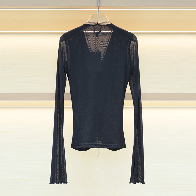 Mo Shu Wei Ya 2024 Autumn New V-Neck Chain Pleated Micro-Transparent Horn Sleeve Slim-Fit Elegant Sweater 6401D - Image 3