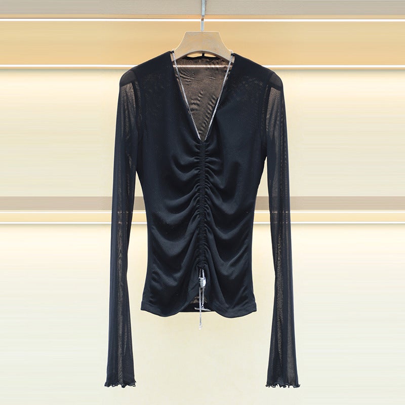 Mo Shu Wei Ya 2024 Autumn New V-Neck Chain Pleated Micro-Transparent Horn Sleeve Slim-Fit Elegant Sweater 6401D - Image 1