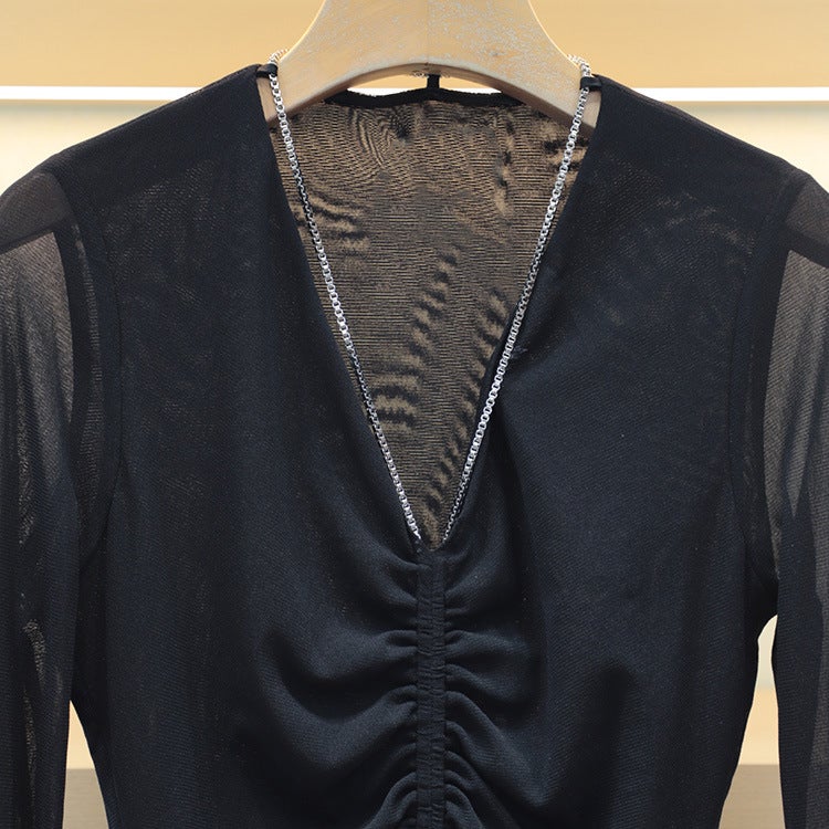 Mo Shu Wei Ya 2024 Autumn New V-Neck Chain Pleated Micro-Transparent Horn Sleeve Slim-Fit Elegant Sweater 6401D - Image 4
