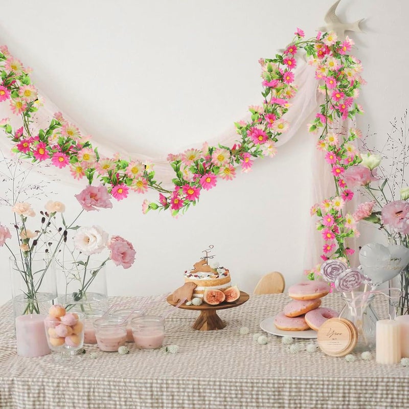 HO2NLE 2 Pack Pink Flower Garland Daisy Flowers Silk Artificial Wildflower 13ft Wedding Floral Garland Fake Hanging Vines for Party Decoration Wall Backdrop Table Runner Indoor Outdoor Decor Multicolored - Image 3