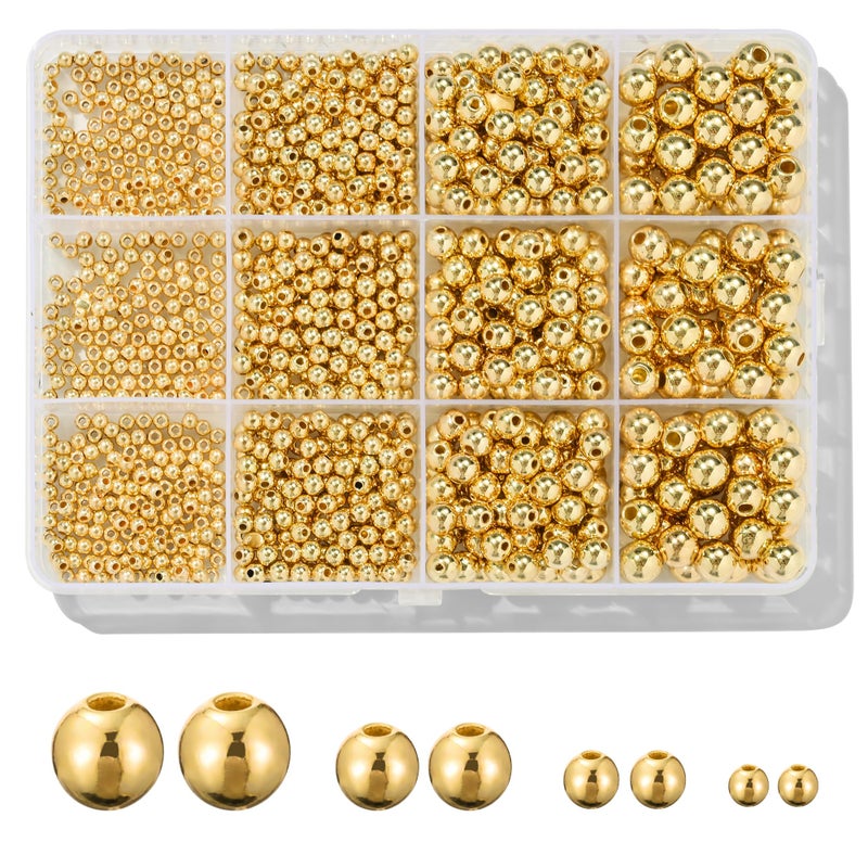 Monigte 1100 Pcs Smooth Round Beads - 3/4/6/8mm Gold Spacer Loose Ball Bead Kits for Bracelet Jewelry Making - Image 1