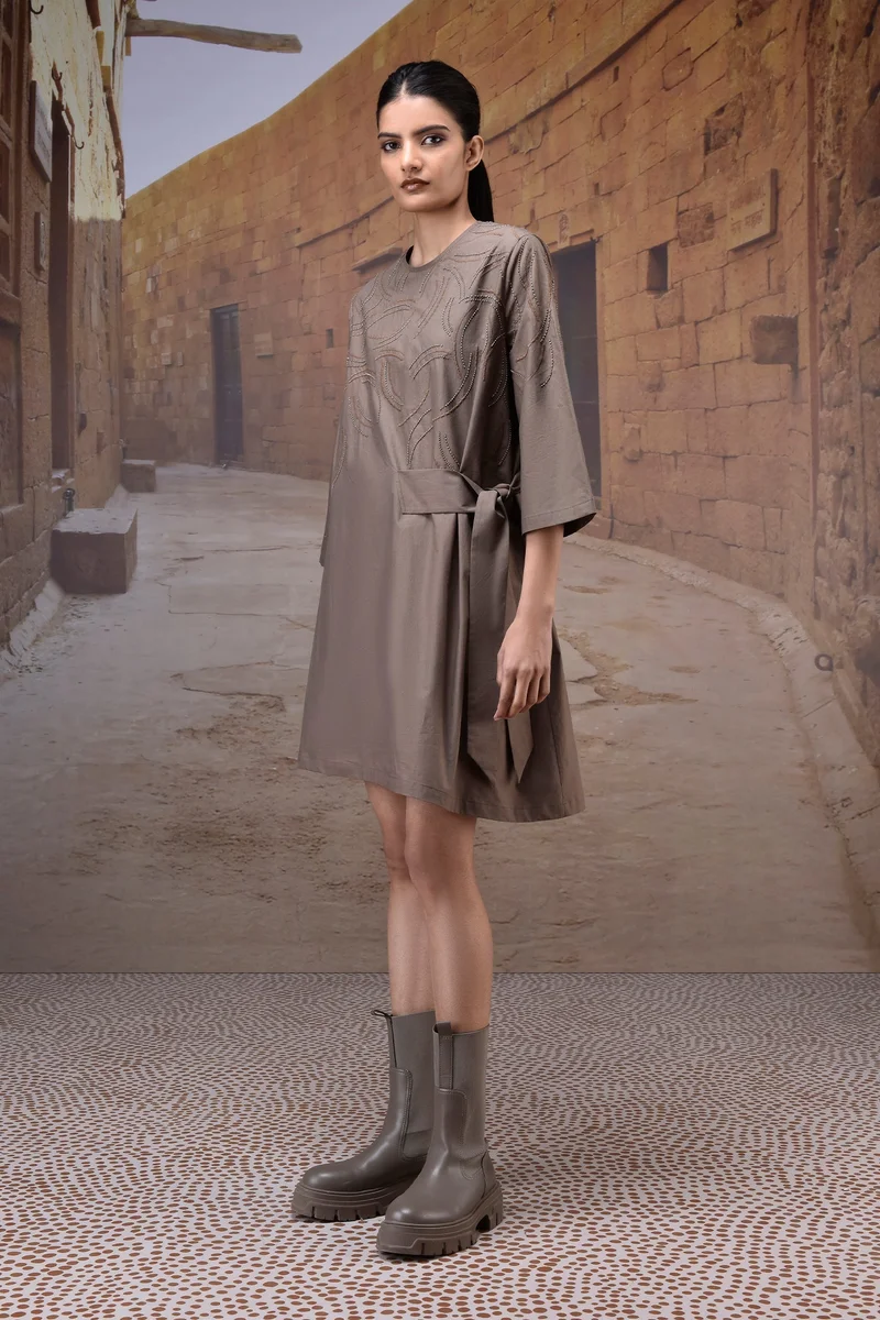 Genes Lecoanet Hemant Warm Beige Giza Cotton Poplin Fit-and-Flare Dress