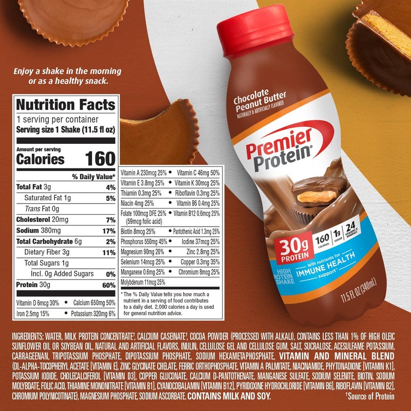 Premier Protein Shake, Chocolate Peanut Butter, 30g Protein, 1g Sugar, 24 Vitamins & Minerals, Nutrients to Support Immune Health, 11.5 Fl Oz, 12 Count - Image 4