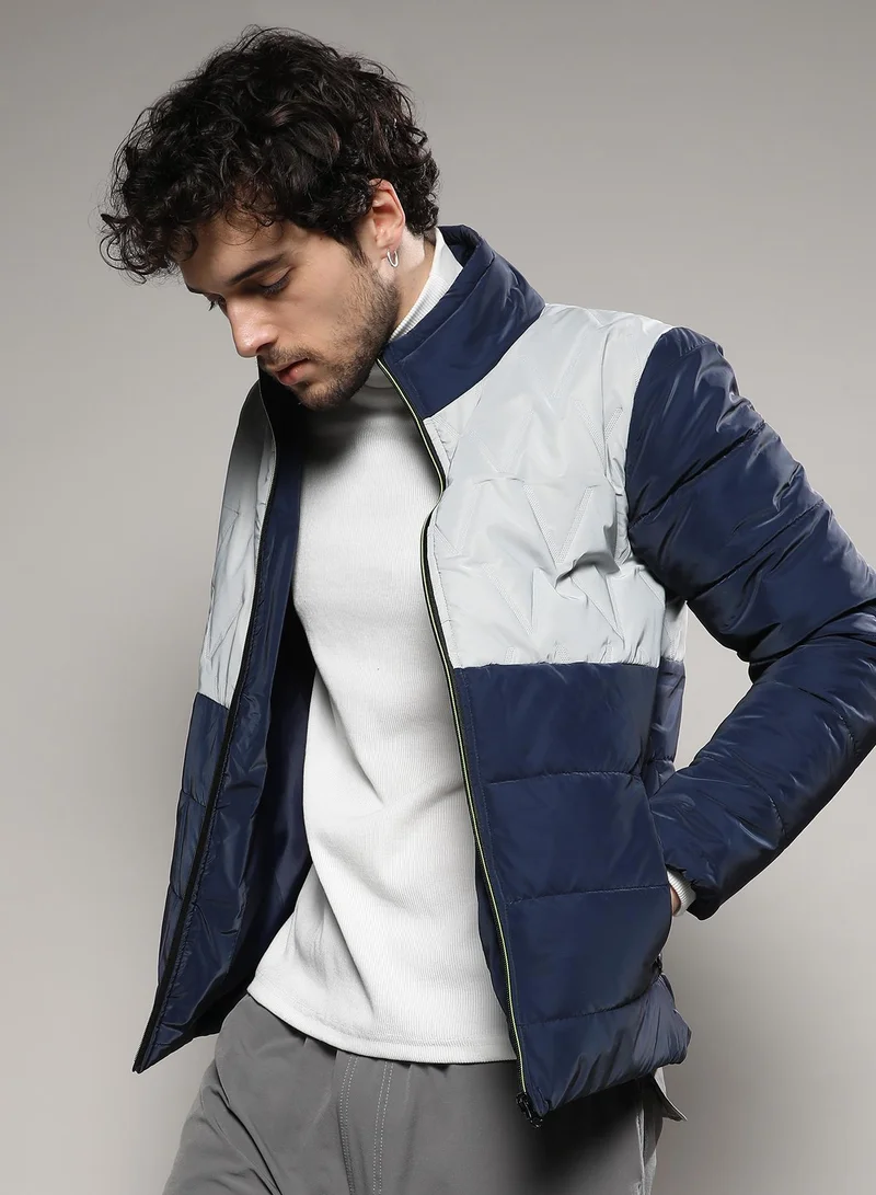 Campus Sutra Men's Navy Blue & Moon Grey Parachute Puffer Jacket