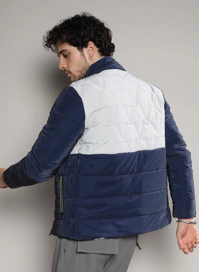 Campus Sutra Men's Navy Blue & Moon Grey Parachute Puffer Jacket