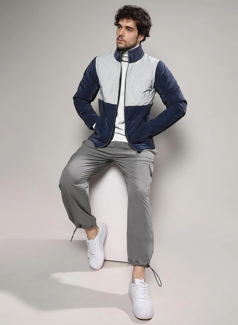 Campus Sutra Men's Navy Blue & Moon Grey Parachute Puffer Jacket
