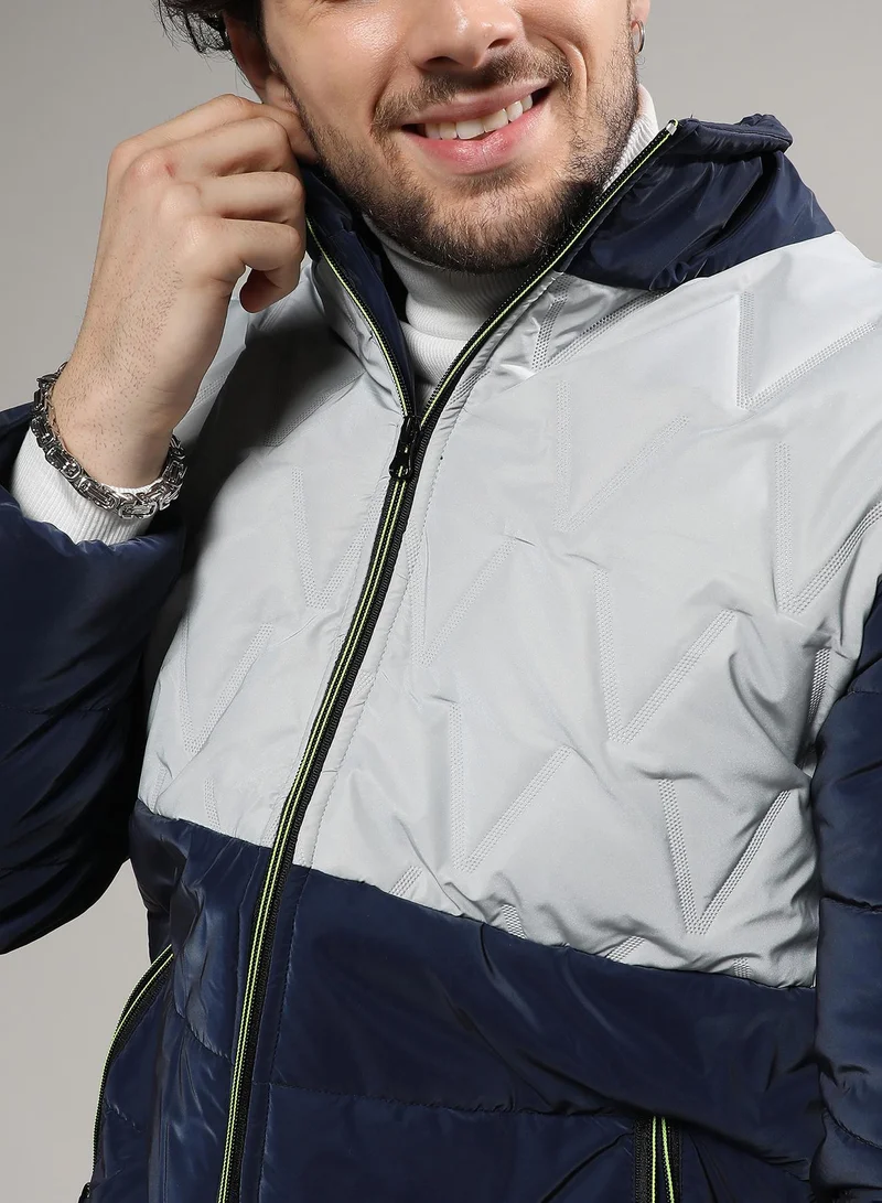 Campus Sutra Men's Navy Blue & Moon Grey Parachute Puffer Jacket
