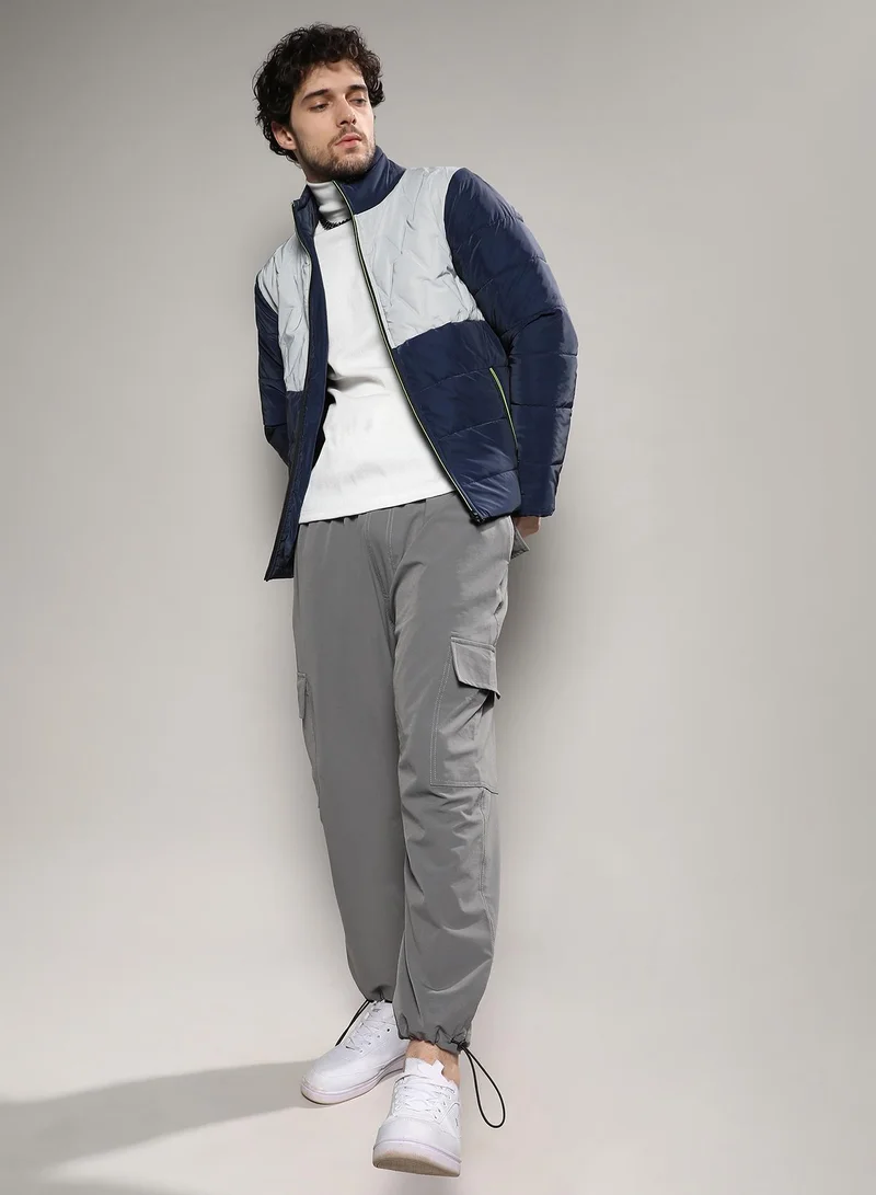 Campus Sutra Men's Navy Blue & Moon Grey Parachute Puffer Jacket