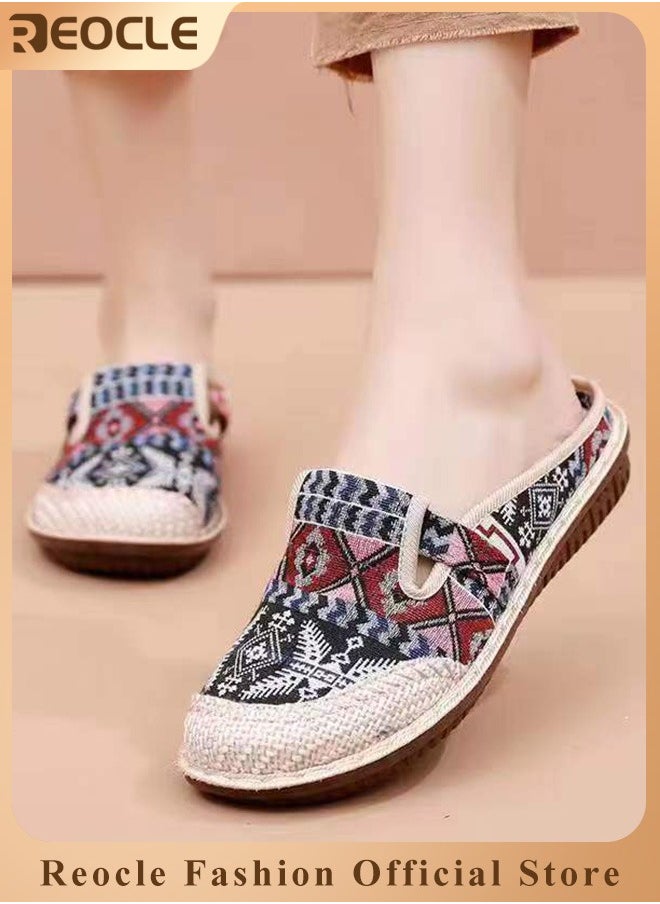 REOCLE Women's Round Toe Casual Walking Mule Shoes Household Canvas Slippers Old Beijing Shoes Embroidered Shoes Kung Fu Tai Chi Shoes  - Image 1