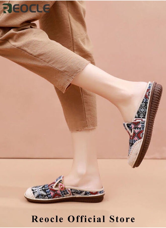 REOCLE Women's Round Toe Casual Walking Mule Shoes Household Canvas Slippers Old Beijing Shoes Embroidered Shoes Kung Fu Tai Chi Shoes  - Image 2