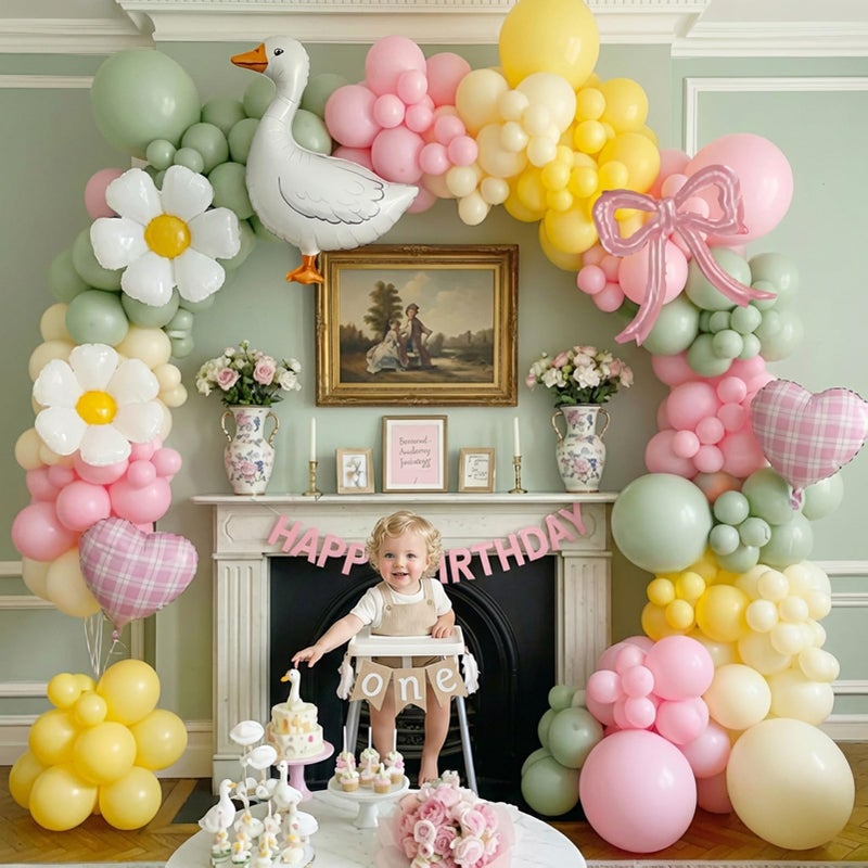 kozee One Silly Goose decorations Pastel yellow Pink Green Balloon Garland with Goose daisies Gingham Balloons, bow Boys Girls Vintage Goose Birthday Baby Shower Arch - Image 2