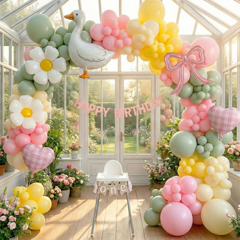 kozee One Silly Goose decorations Pastel yellow Pink Green Balloon Garland with Goose daisies Gingham Balloons, bow Boys Girls Vintage Goose Birthday Baby Shower Arch - Image 1