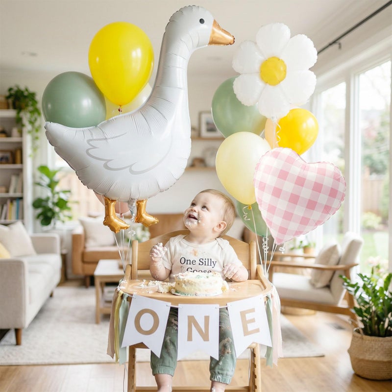 kozee One Silly Goose decorations Pastel yellow Pink Green Balloon Garland with Goose daisies Gingham Balloons, bow Boys Girls Vintage Goose Birthday Baby Shower Arch - Image 3